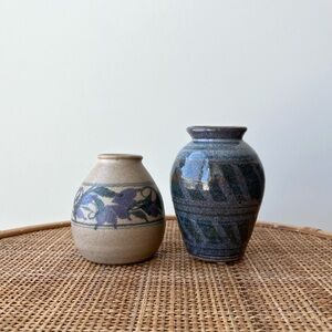 Vintage Handmade Pottery Vases Pair Set of 2 Mismatched Coordinating